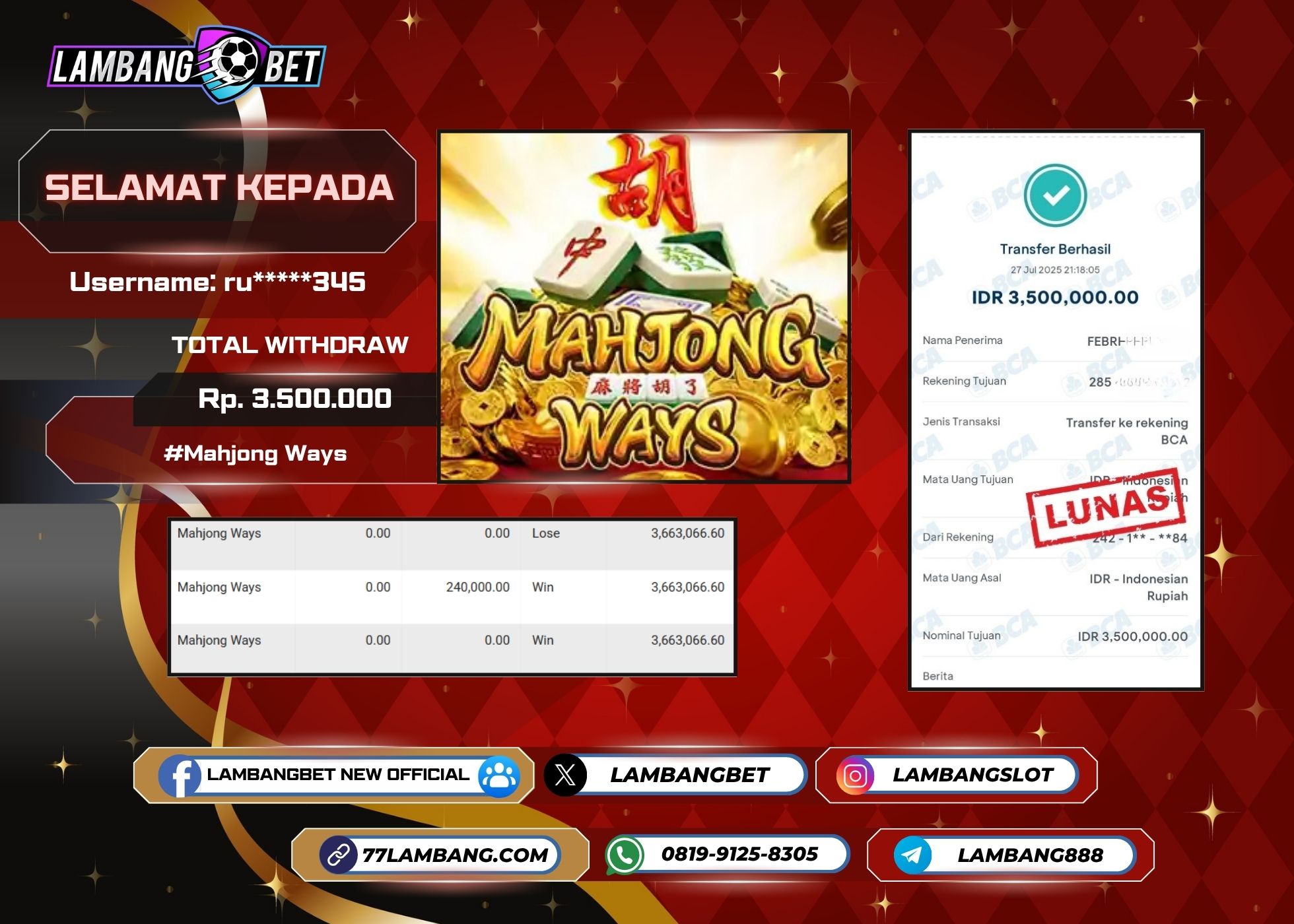 LAMBANGBET [27 JULY 2025] JACKPOT SLOT Mahjong Ways "Rp3.500.000" LUNAS